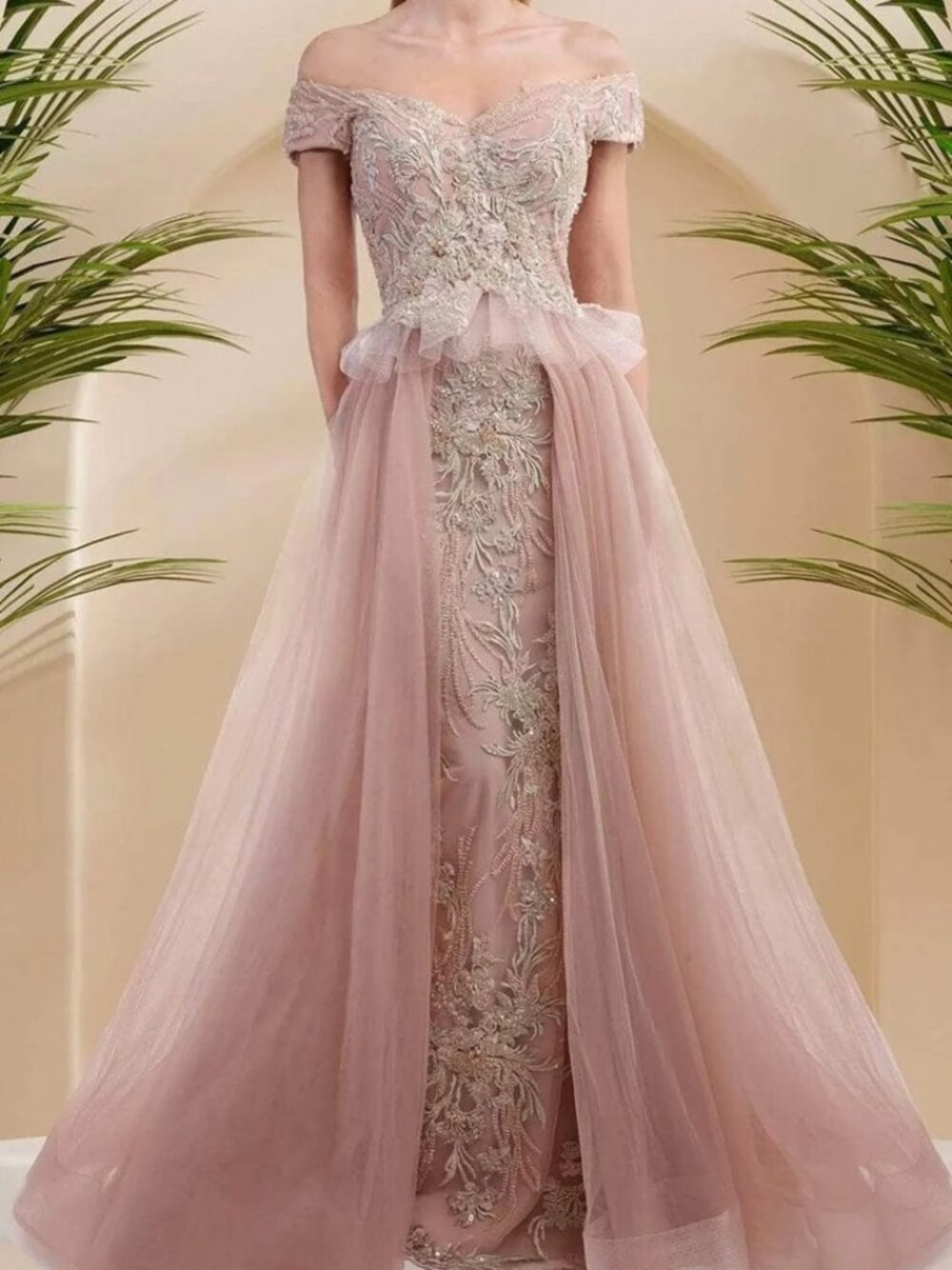 NWT Janique 9639 Off-Shoulder Beaded Dress with Overskirt Blush size 4